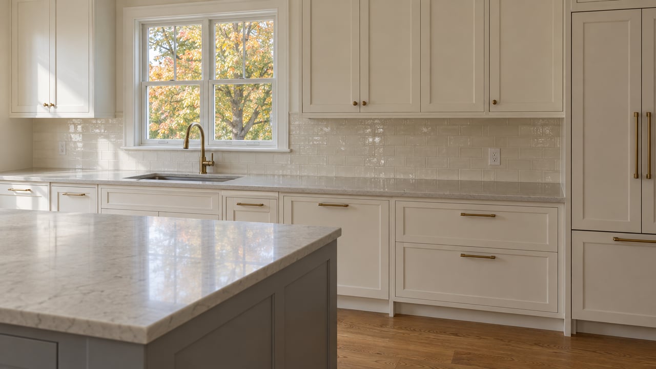 Daylit kitchen with pale shaker cabinetry, a gray island, brass fixtures and worn oak flooring, with amber maple leaves visible through a closed window.