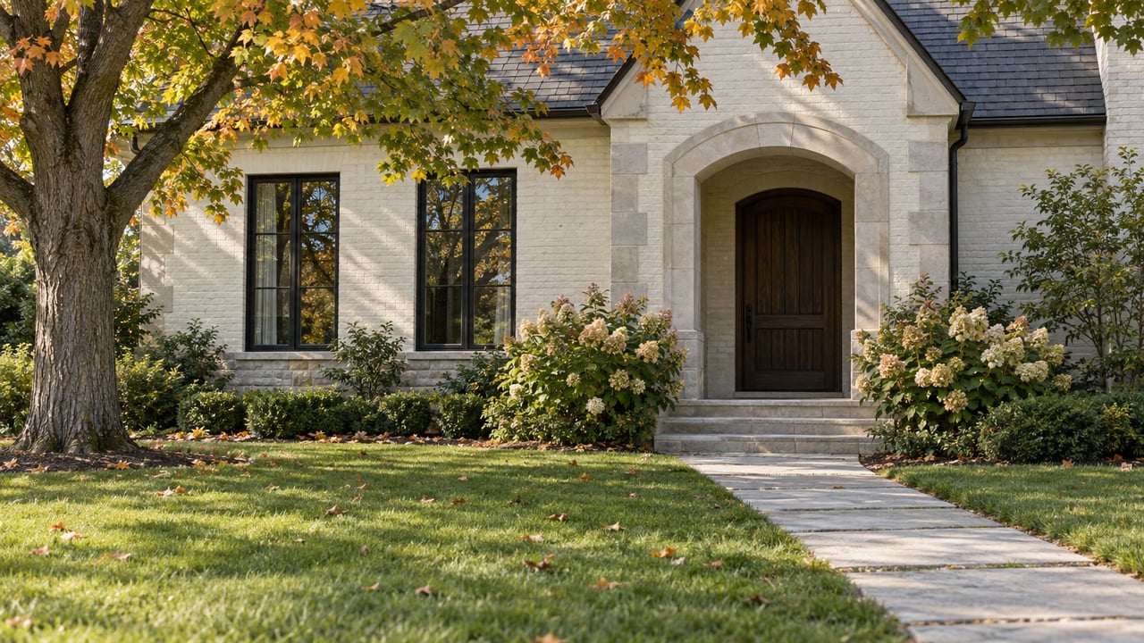 Detached home with a limestone-arched oak door, tall windows, and a maple tree beside a slab path.