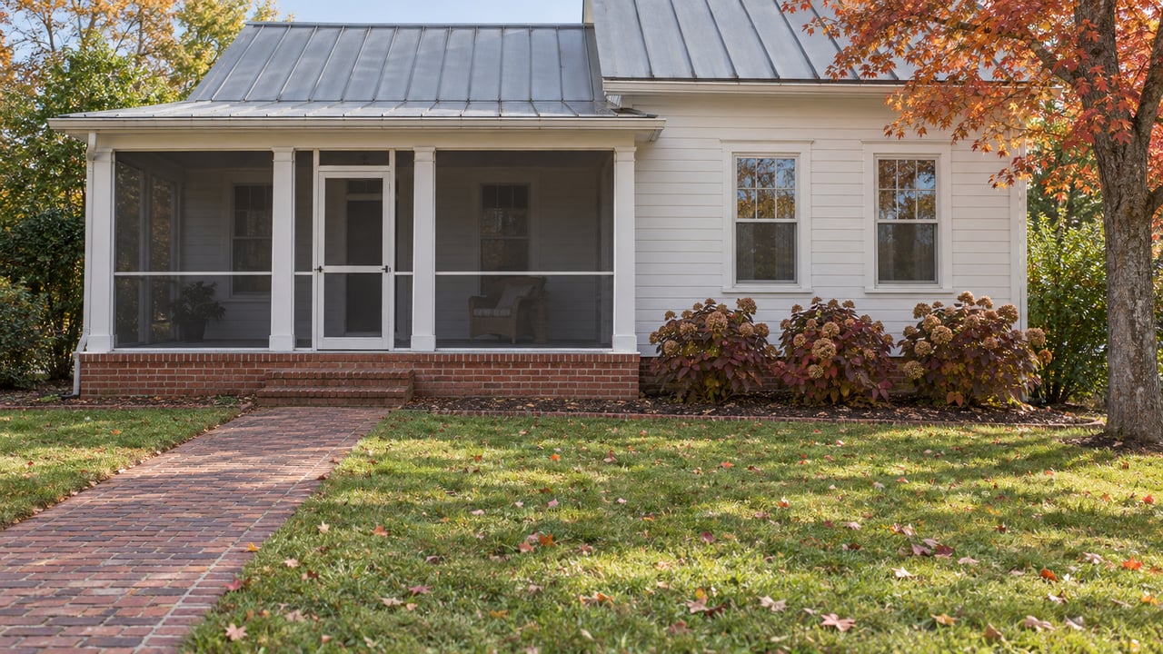 Painted timber home with a screened front porch, brick approach, and autumn foliage across a deep lawn.
