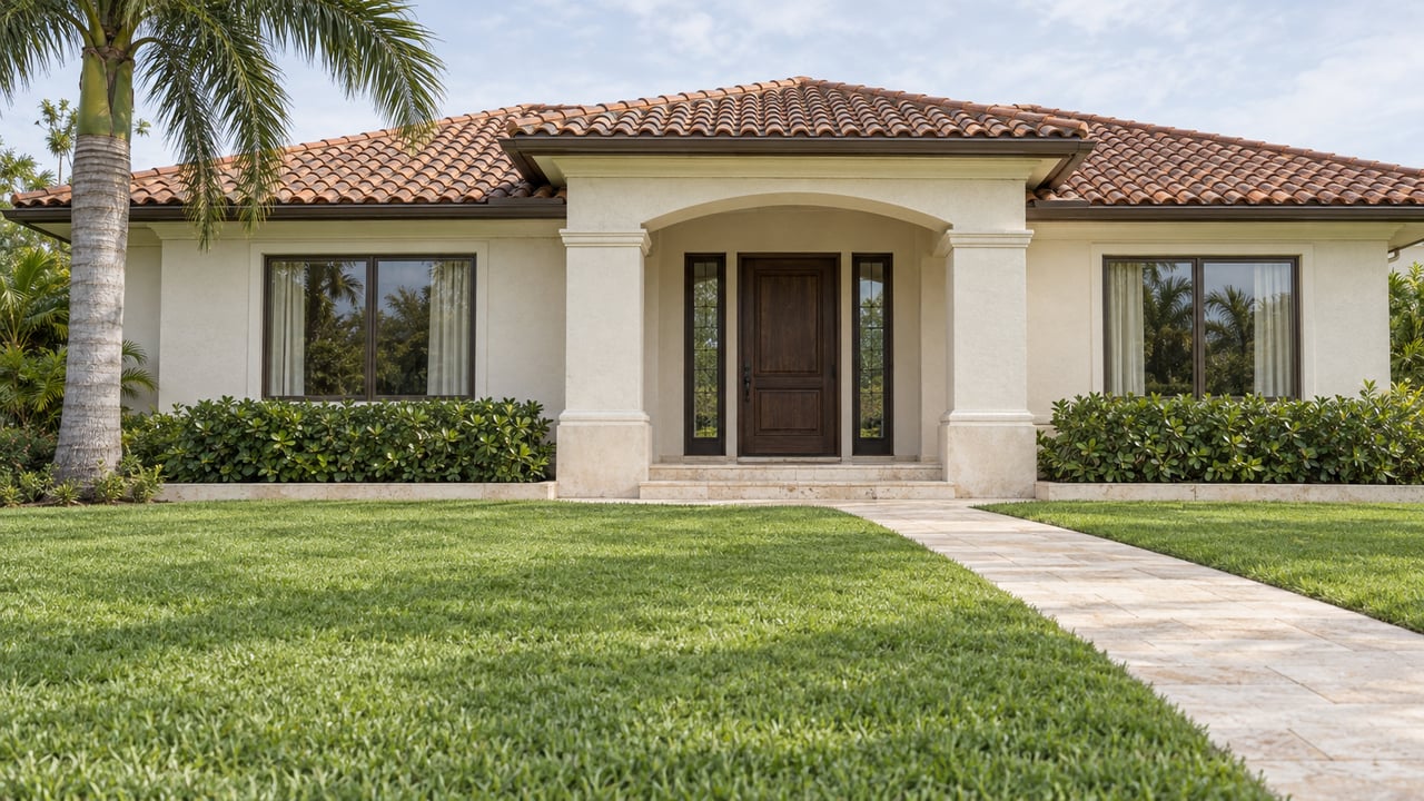 Ivory stucco home with a terracotta tile roof, sheltered arched entrance, broad lawn and a single royal palm.