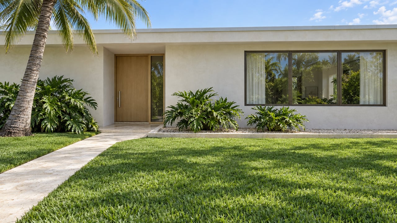 Single-story pale stucco home with bronze-framed windows, a limestone approach, deep lawn, and one mature coconut palm.