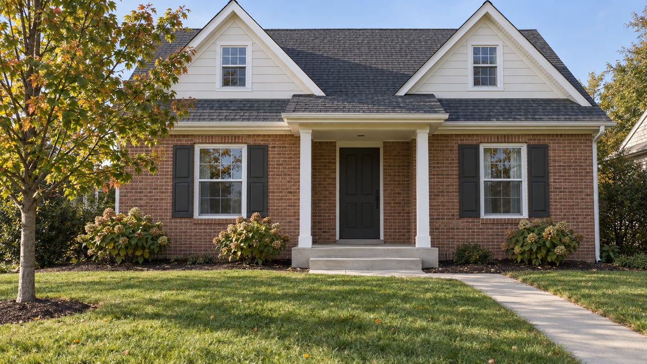 Detached brick and painted-siding home with steep gables, a raised front porch and a compact landscaped lawn in clear daylight.