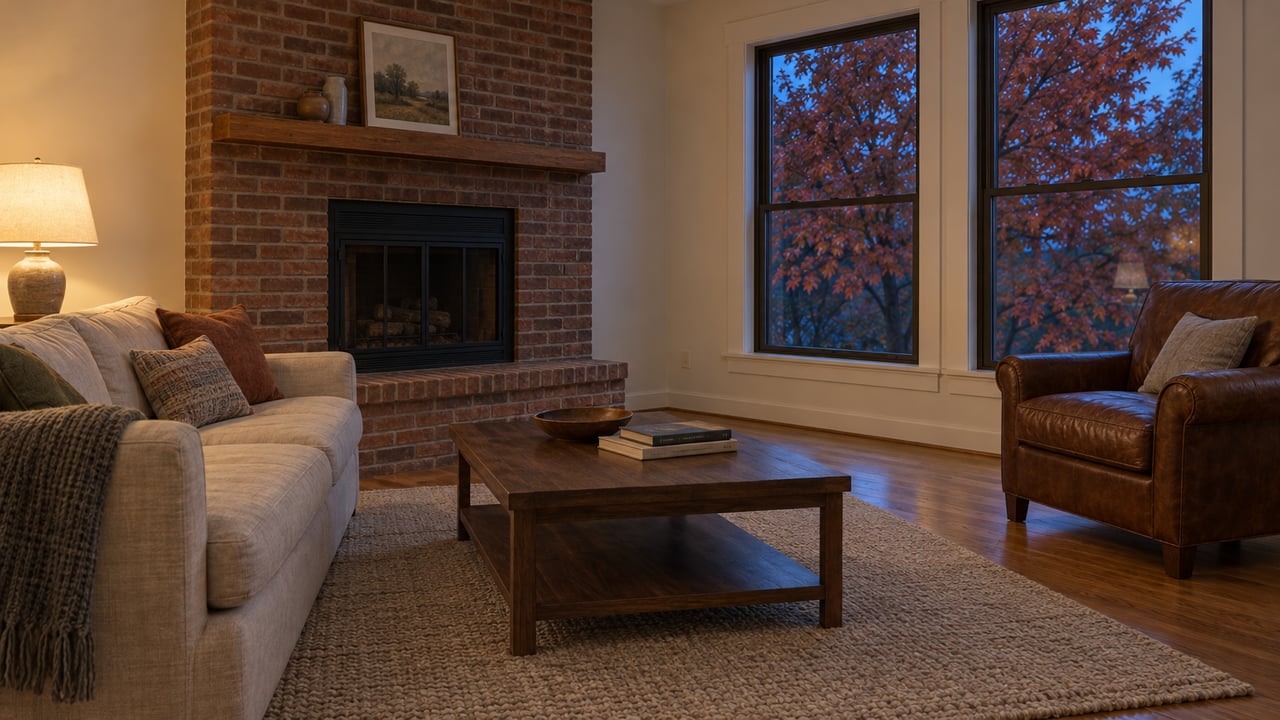 A brick fireplace, linen sofa and leather armchair in a living room lit by a table lamp and twilight through closed windows.