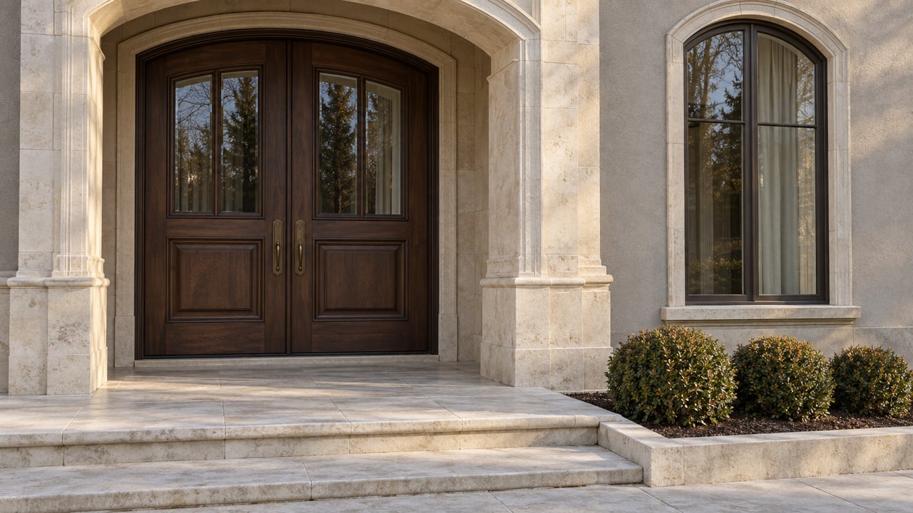 Winter morning light grazing a limestone entry with paired dark timber doors, an arched window, and clipped boxwood beside broad stone steps.