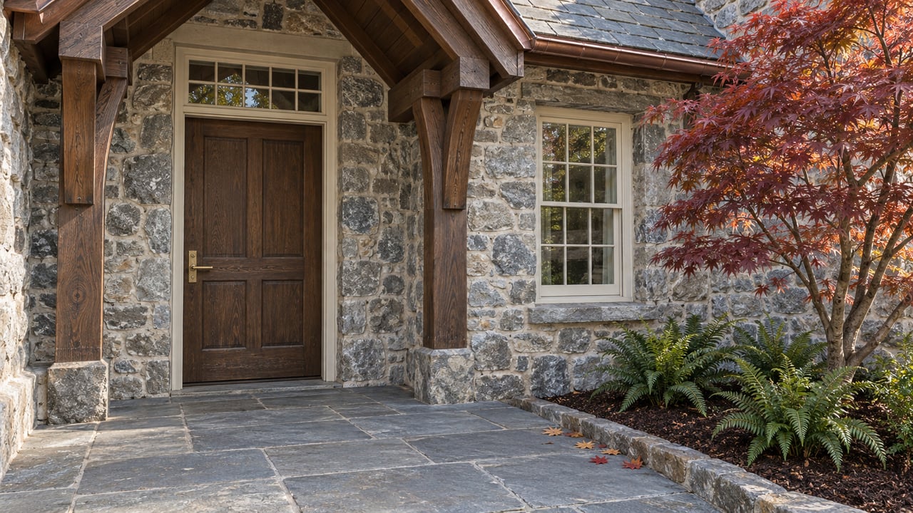 Stone house entrance with a dark oak door, divided-light window, slate entry gable and autumn Japanese maple beside a flagstone landing.