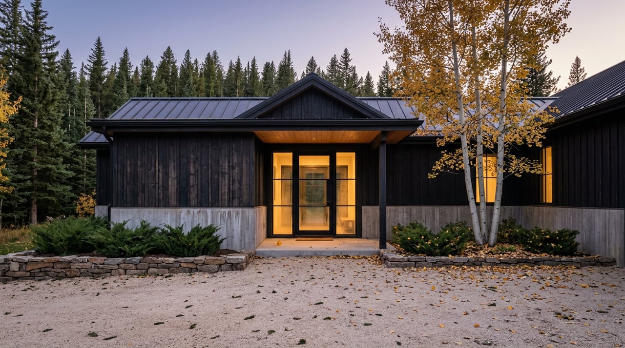 Mountain-modern home entry with warm light behind black-framed glass, golden aspens, and a gravel court at dusk.