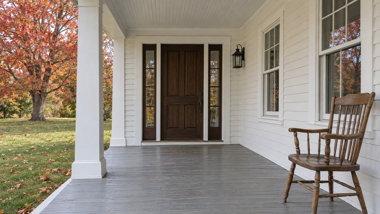 White clapboard porch with a dark wood entry door, weathered gray floorboards and an oak chair beside closed windows, overlooking a maple-strewn autumn lawn.