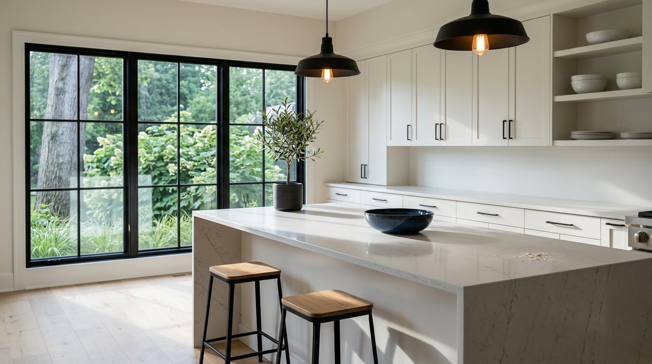 Upscale kitchen with a white quartz island, shaker cabinets, black-framed window, and two pendant lights.