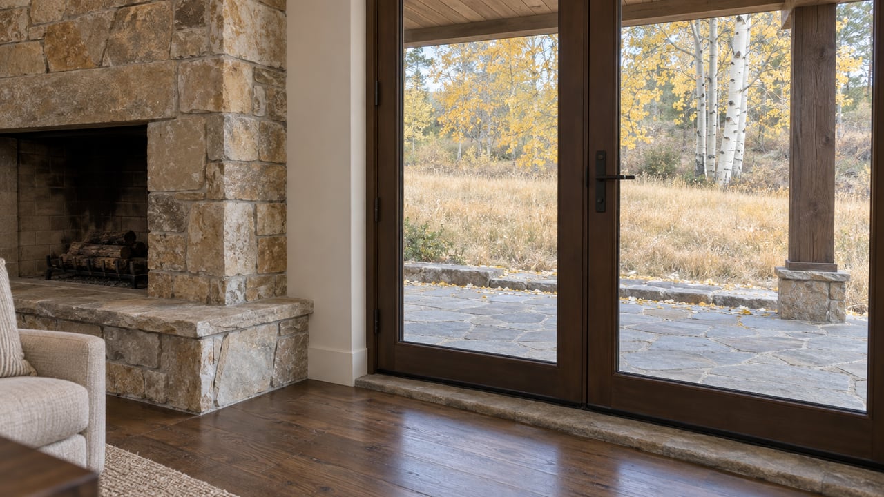 Closed glazed patio doors open visually onto a flagstone porch, aspen trees, and a straw-gold meadow.