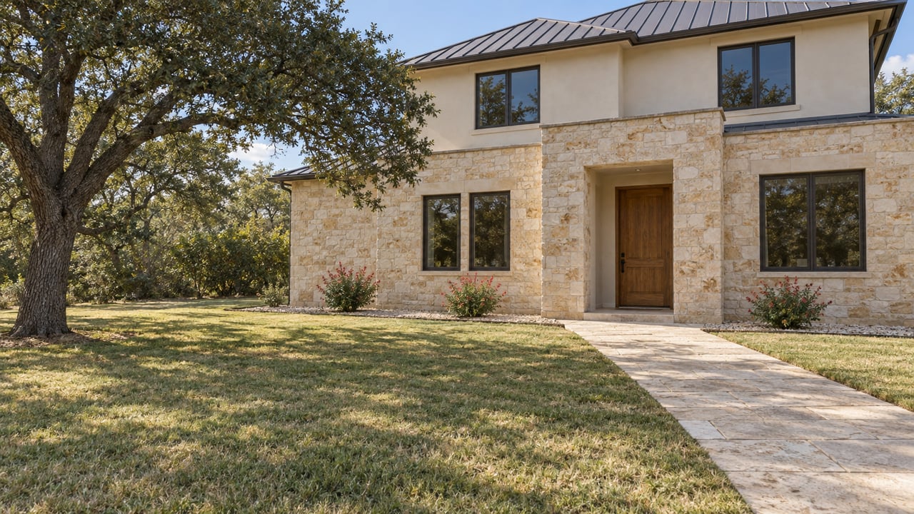 Two-story limestone and stucco home with dark windows, an oak entry door, a broad lawn, and one mature spreading oak.