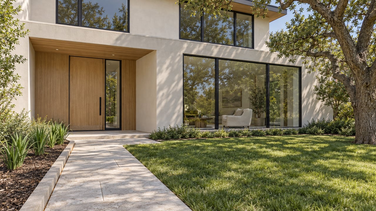Contemporary stucco home with a sheltered oak entry, black-framed windows, limestone approach and mature oak beside a deep front garden.