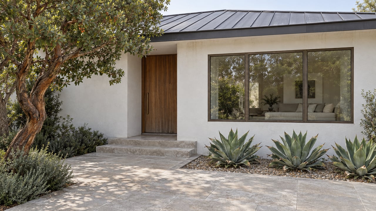 An established single-story home with white stucco, a cedar entry, bronze-framed windows, and a limestone approach beside sculptural planting.