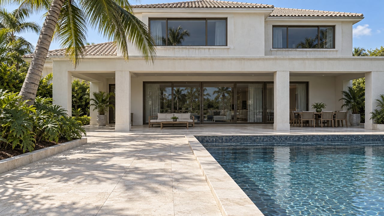 Sunlit waterfront home's white stucco rear elevation, sheltered terrace and limestone-edged pool beneath a curved coconut palm.