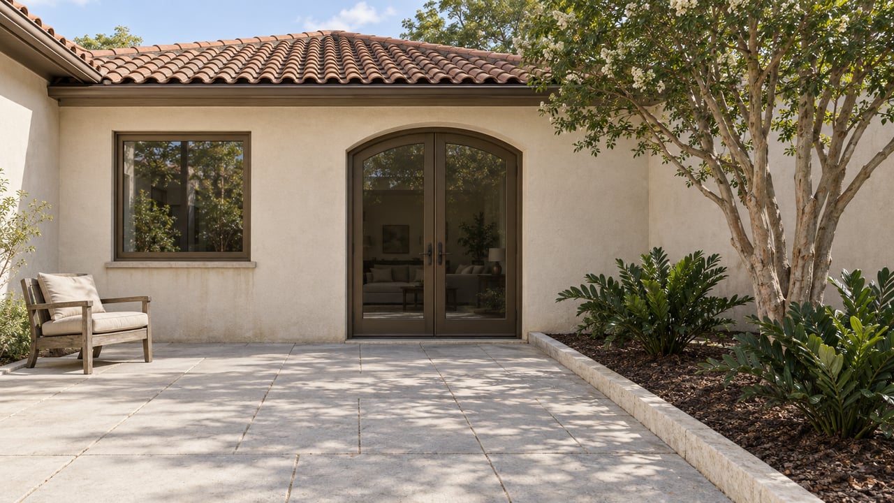 Cream stucco home with terracotta roof, arched glass doors, a pale paved garden terrace and a weathered teak chair.