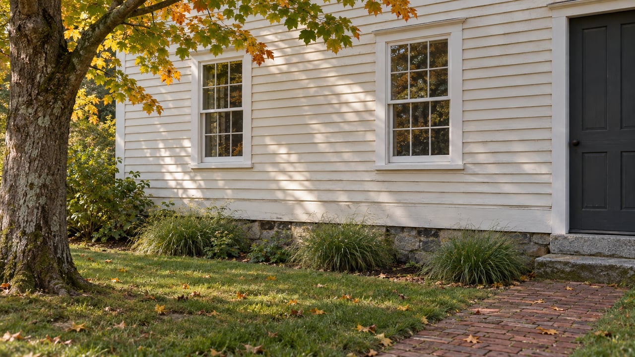 Traditional clapboard house with sash windows behind a maple tree and brick path through a planted side yard.