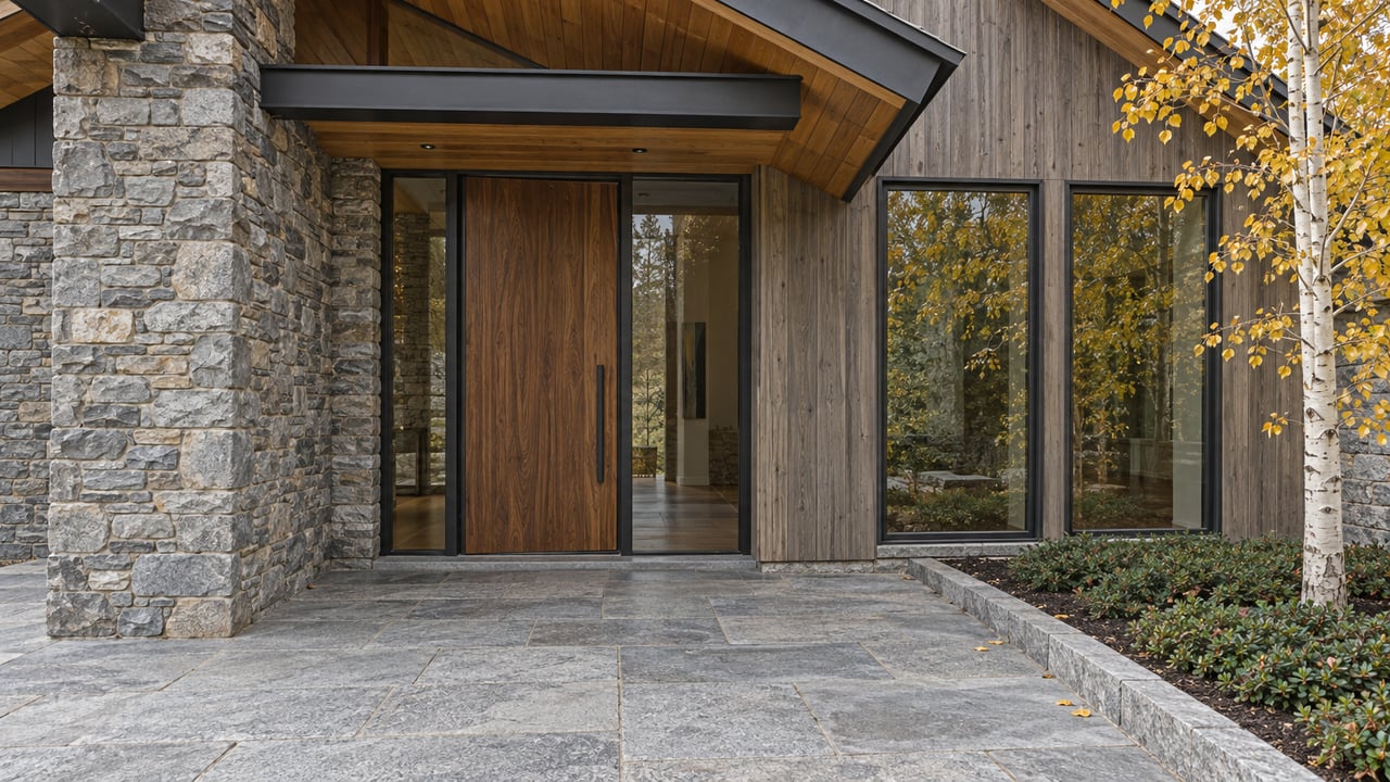Sheltered home entrance with a quartzite pier, timber soffit, dark-framed glazing and golden aspen beside a granite landing.