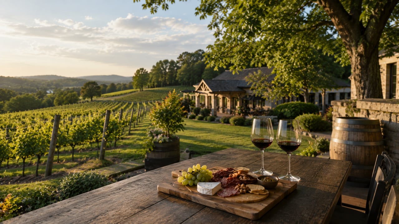 Scenic Tennessee vineyard at golden hour with rolling hills, rows of grapevines, a rustic winery, red wine, and a charcuterie board overlooking the countryside.