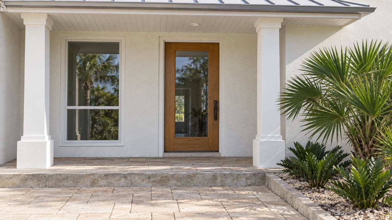 Warm-white stucco home with paired porch columns, a glazed wood entry door, pale paving, and sculptural palm planting.