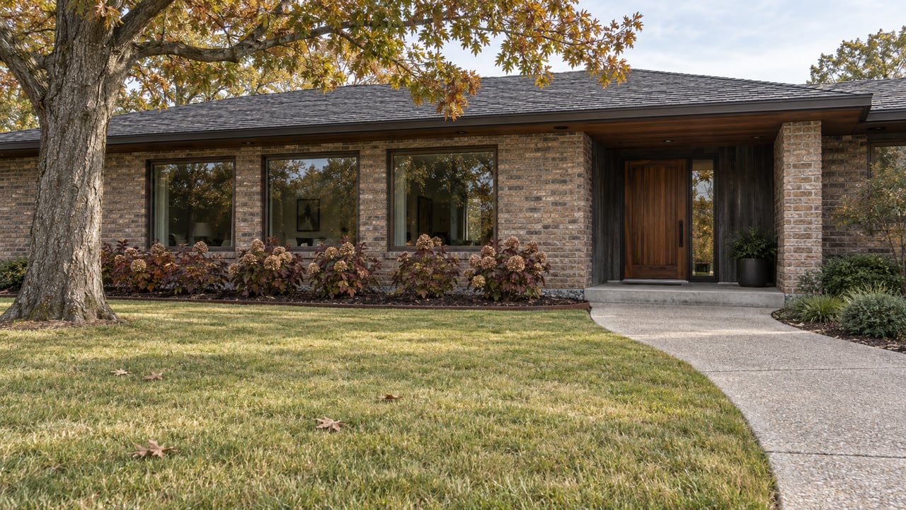 Low brick-and-cedar home behind a broad autumn lawn, with a mature oak and a curved concrete entry walk.