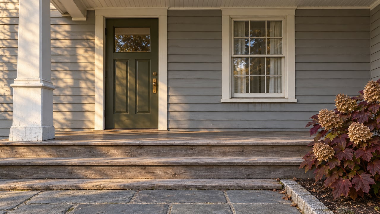 Low-angle view of a gray clapboard home's covered porch, olive front door, weathered timber steps, and autumn oakleaf hydrangea beside a bluestone approach.