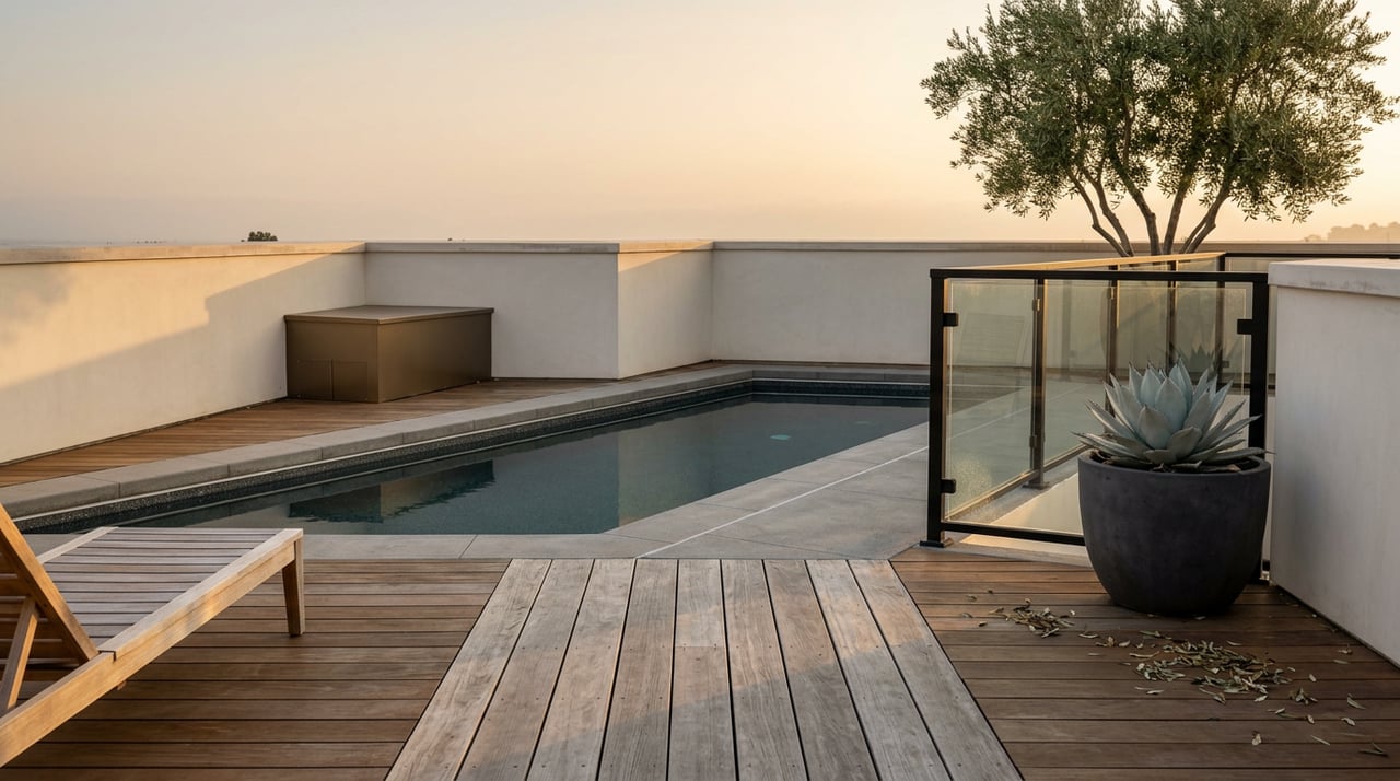 Rooftop lap pool beside a glass balustrade, with an olive tree and agave planter near a teak lounge chair.