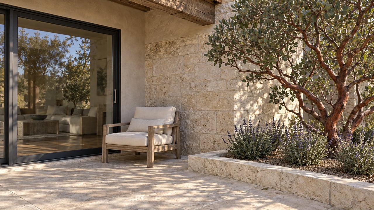 Morning light crosses a limestone terrace beside sand stucco, a black-framed glass door, and a sculptural manzanita in a stone-edged planting bed.
