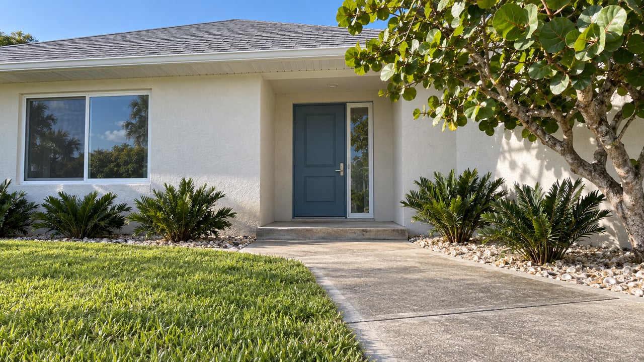 Sunlit white stucco home entrance with a blue door, concrete walkway, sea grape tree and coontie planting.