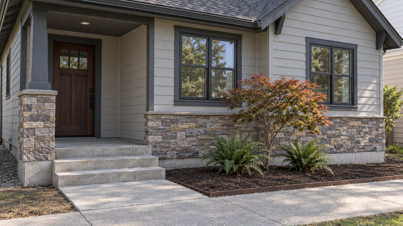 Compact house with gray siding, stone porch pier, concrete steps, and a pruned maple beside the entry.