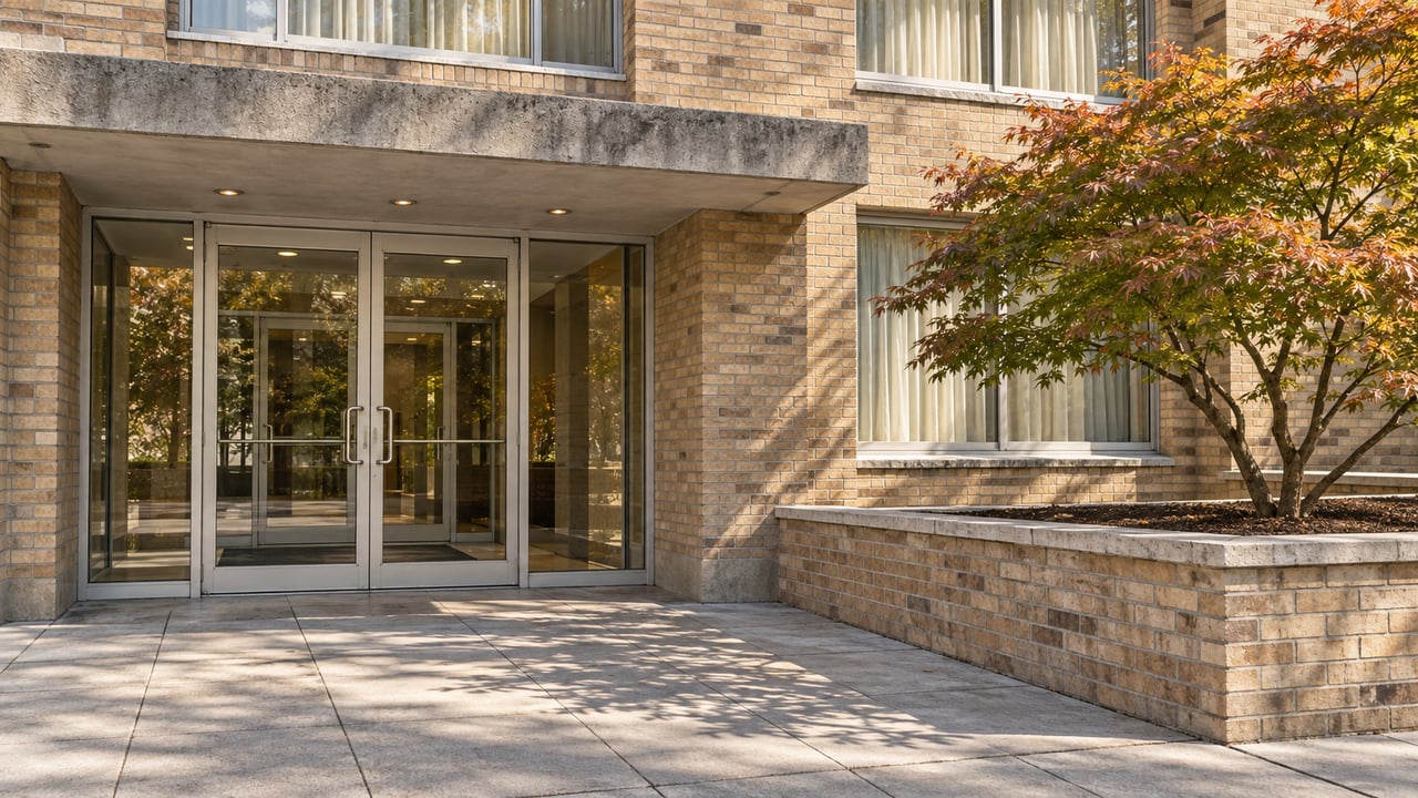 Buff-brick apartment entrance with paired glass doors, worn gray paving, and a copper-tipped Japanese maple in a raised masonry planter.