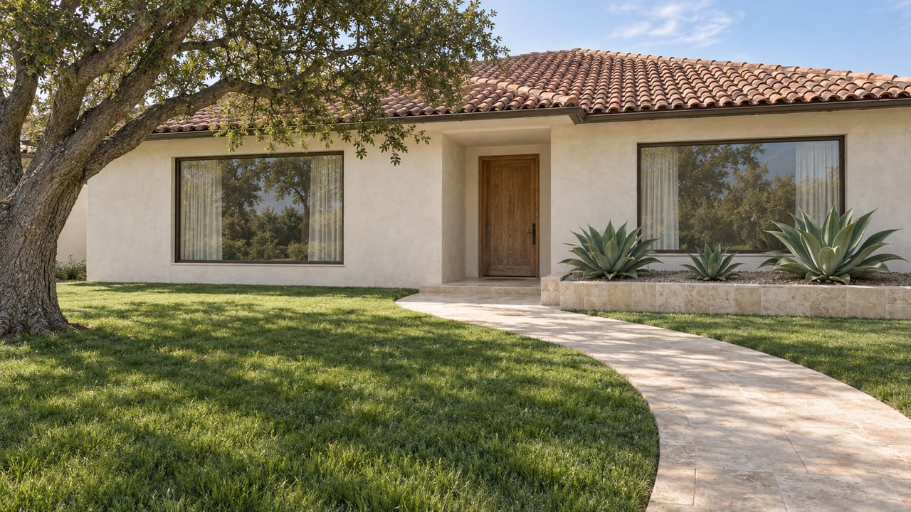 Warm stucco home with a clay tile roof, bronze-framed windows, and an oak entry beyond a deep lawn and limestone approach.