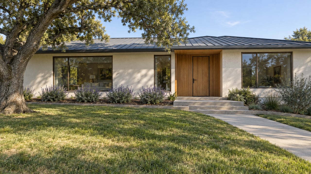 Low stucco-and-cedar home behind a gently sloping lawn, with broad windows, concrete entry steps, and a mature spreading oak.