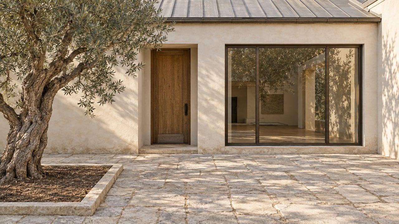 Limewashed residence with an oak entry door, bronze-framed window and mature olive beside a limestone courtyard.