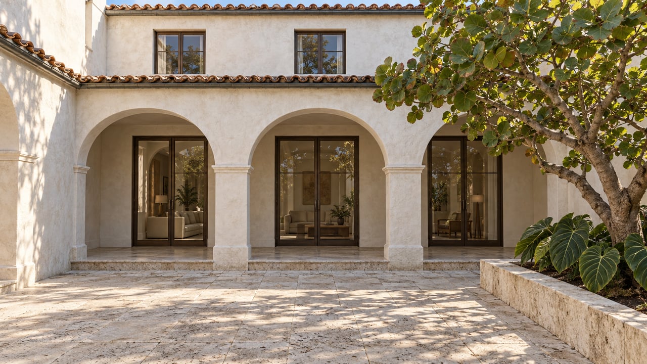 Sunlit villa courtyard with limestone paving, white stucco arches, bronze-framed glass doors and a sculptural sea grape tree.