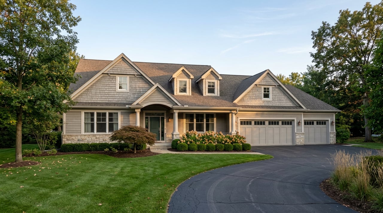 Large home with two dormers, fieldstone base, columned entry, and three-car garage beyond a deep lawn.