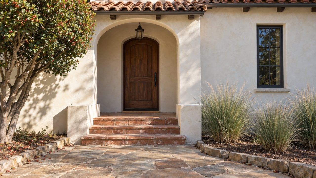 Spanish Revival home entry with an arched wood door, terracotta steps, sandstone path, and clipped shrubs.