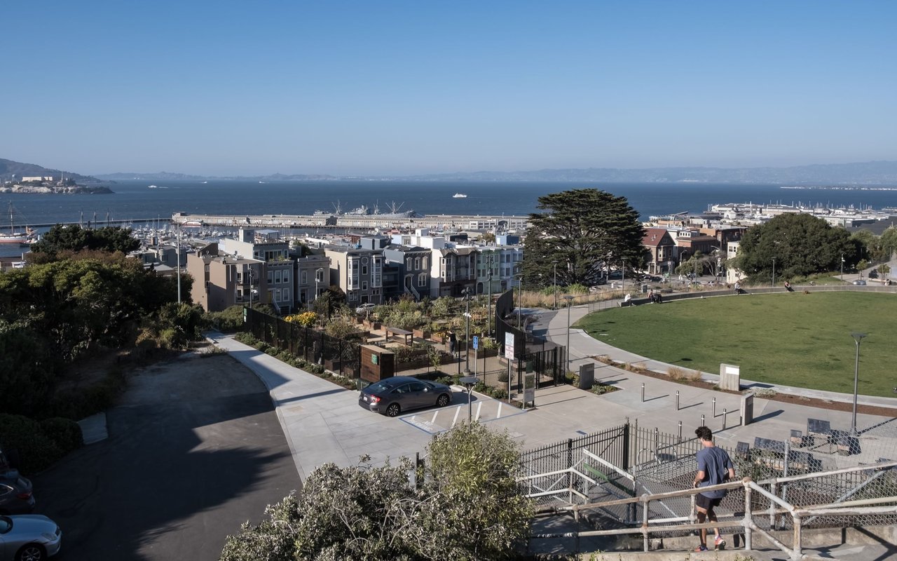 Marina waterfront and bay beyond residential buildings and a grassy park.
