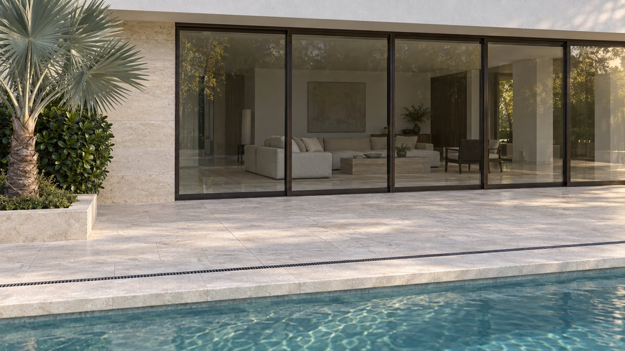Limestone pool terrace beside a stucco house with bronze-framed glass doors and a silver-green palm.