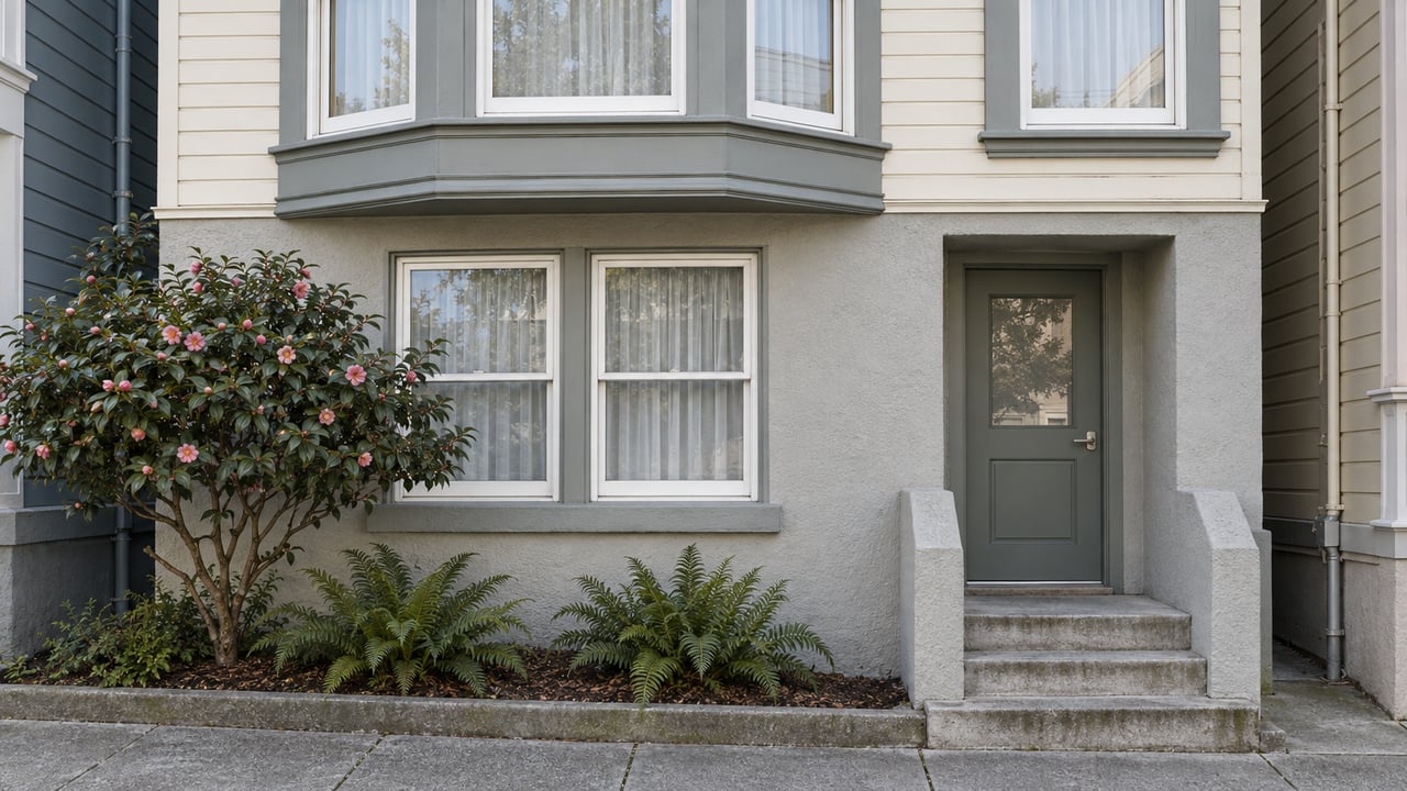 Ivory wood-sided residence with projecting sash windows, a recessed gray-green door, concrete entry steps, and a camellia beside the sidewalk.
