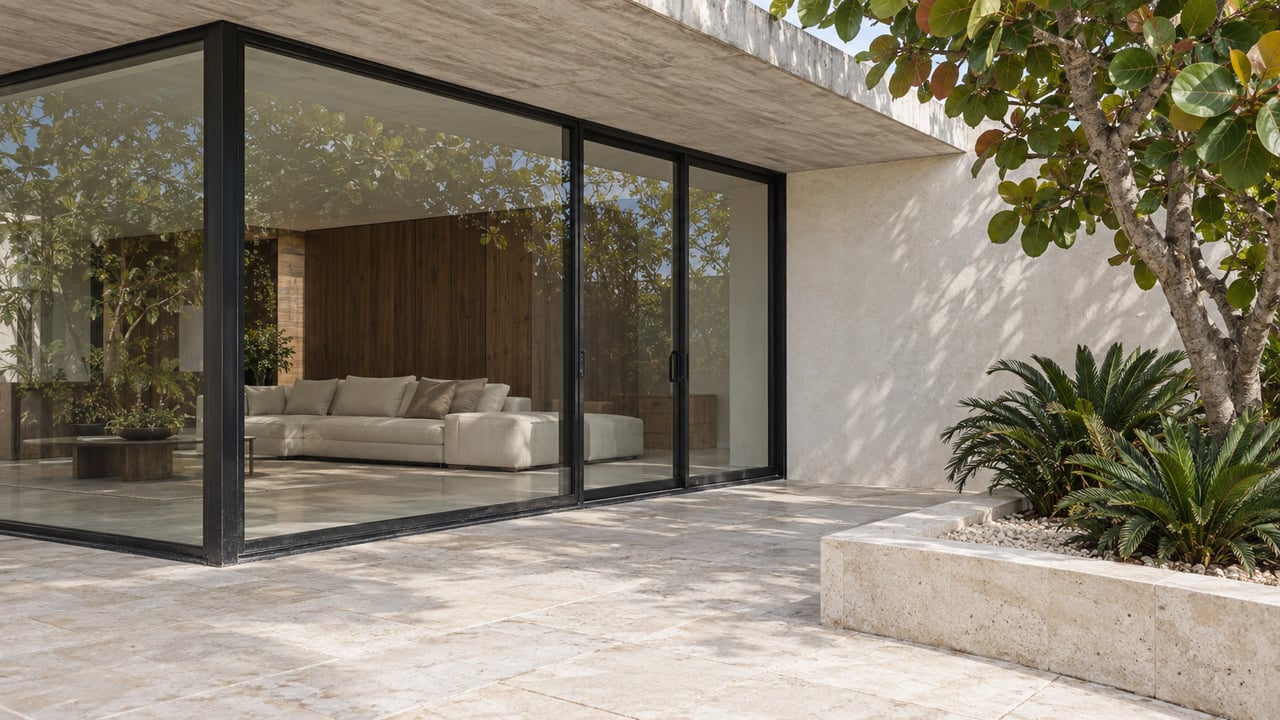 Covered limestone terrace beside a glazed living room with walnut paneling, cream seating and a sea-grape planting bed.
