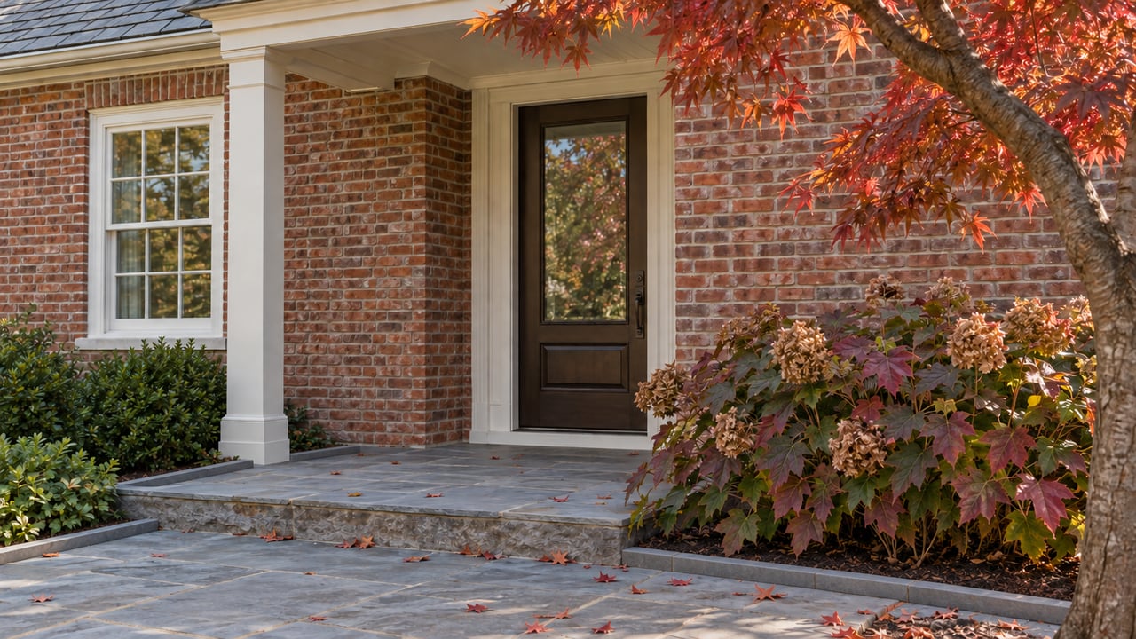Bluestone approach beside mulched planting beds, with a raised curb, brick facade, porch, maple, and hydrangea.