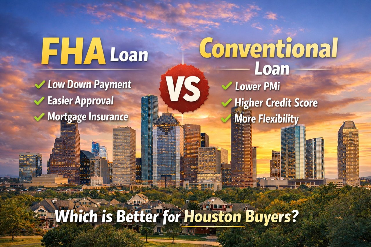 Houston skyline at sunset with text “FHA Loan vs Conventional Loan” and “Which is Better for Houston Buyers?” listing low down payment, PMI, and credit score.