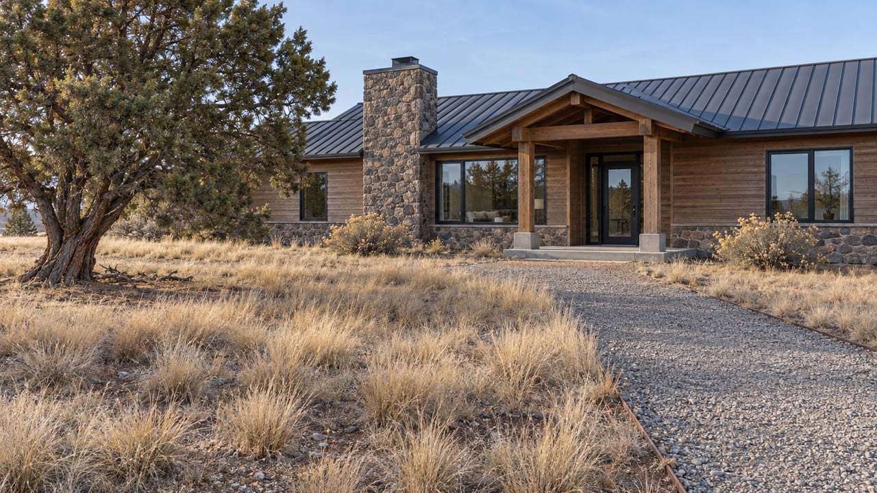 Cedar and volcanic-stone home beyond a tawny meadow, with a gravel approach and a mature twisted juniper in morning light.