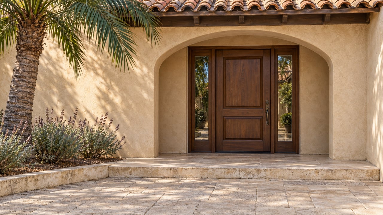 Mediterranean-style home entrance with an arched stucco entry, dark wood door, palm tree, and stone paving.