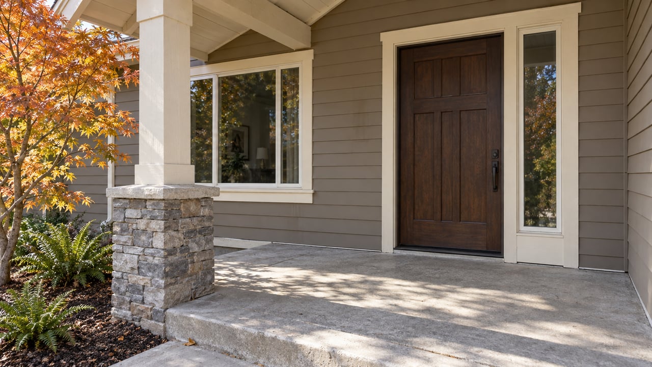 Covered home entry with taupe lap siding, cream trim, a wood door, stone porch support and autumn vine maple leaves.