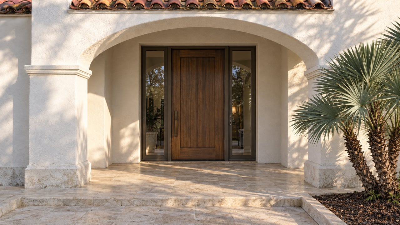 White stucco estate entry with a clay tile roof, recessed walnut and glass door, travertine paving and a silver-green fan palm.