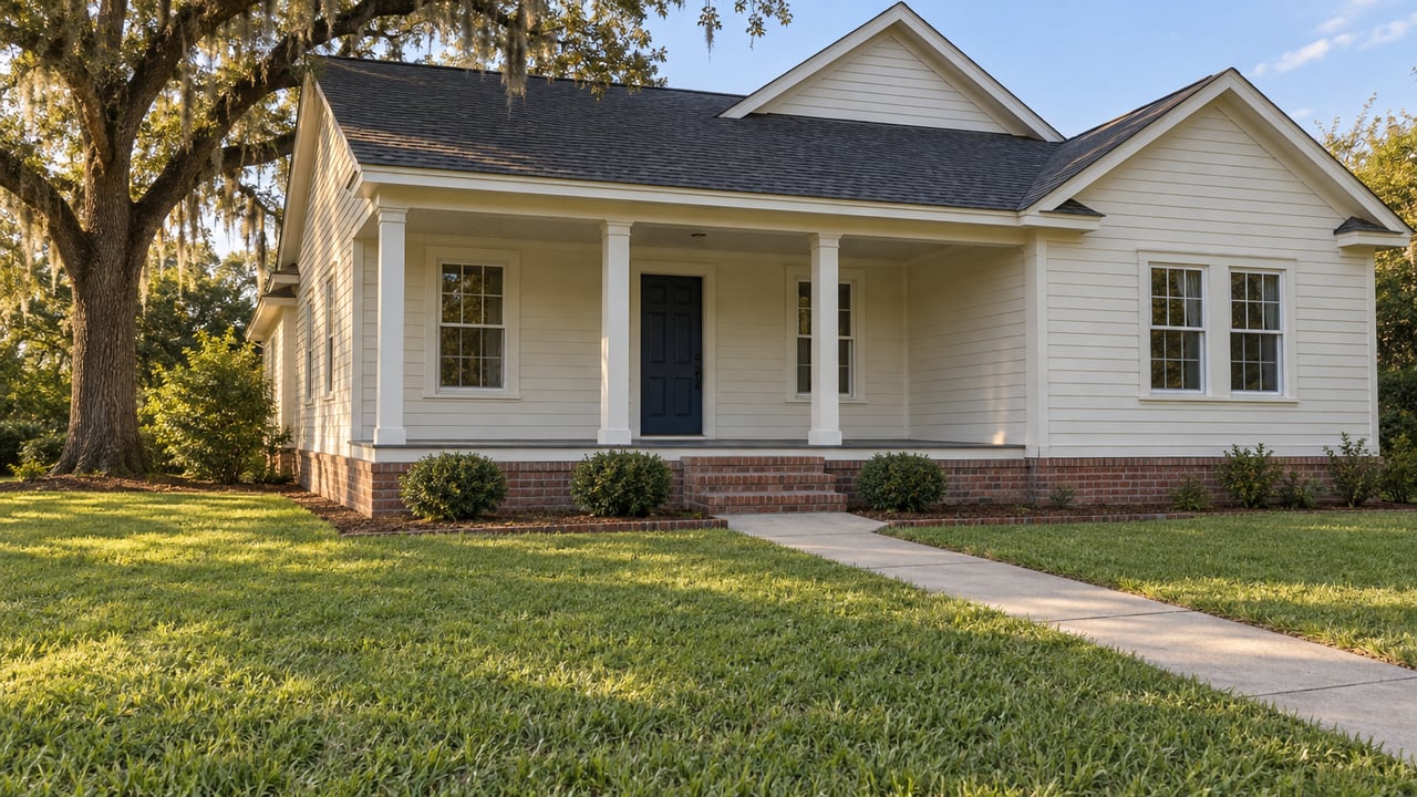 An ivory clapboard home with a brick foundation, covered porch and broad front lawn beneath a live oak with Spanish moss.