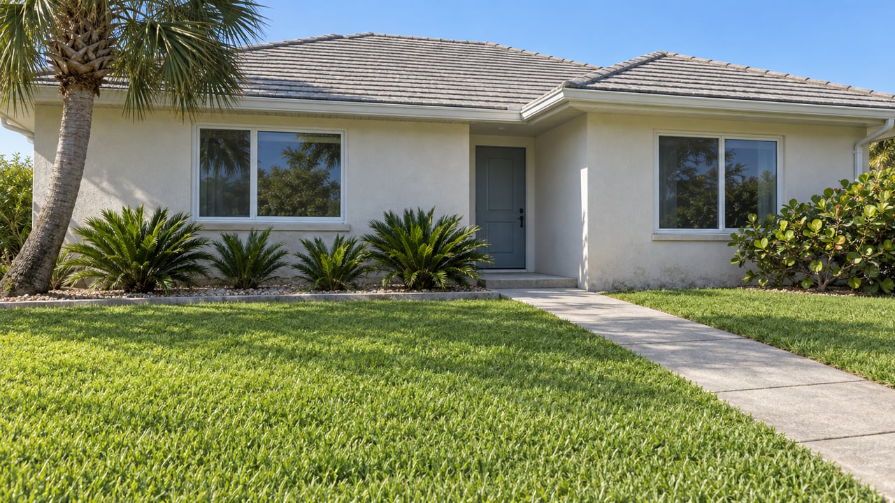 Sunlit single-story white stucco home with a deep lawn, tiled hip roof and carefully placed tropical planting.