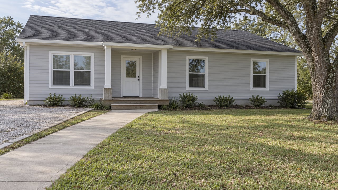 A modest gray-sided single-story home with a small timber porch, concrete front walk, broad lawn, and a spreading live oak.