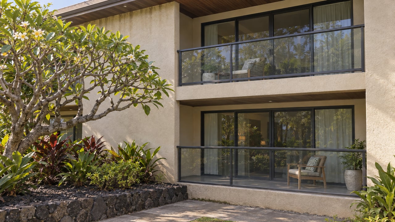 Two-story beige condominium with stacked lanais, sliding glass doors, and a plumeria beside the concrete path.