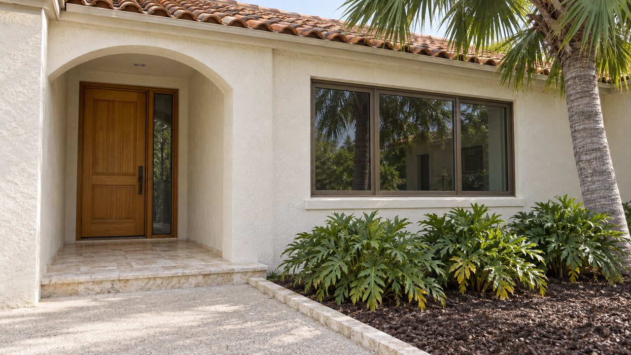 Warm-white stucco home entrance beneath a terracotta roof, with a wood door, pale stone step and a single thatch palm beside a planted bed.